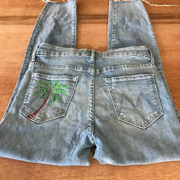 Mother High Waisted Looker Ankle Fray Jeans Women 27 Blue Mid Rise Distressed - Picture 1 of 15